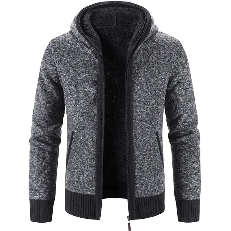 Men's Hooded Cardigan Sweater New Fleece Thickened In Winter Stand Collar Knitwear Jacket Zipper Casual Male Clothing Sweaters