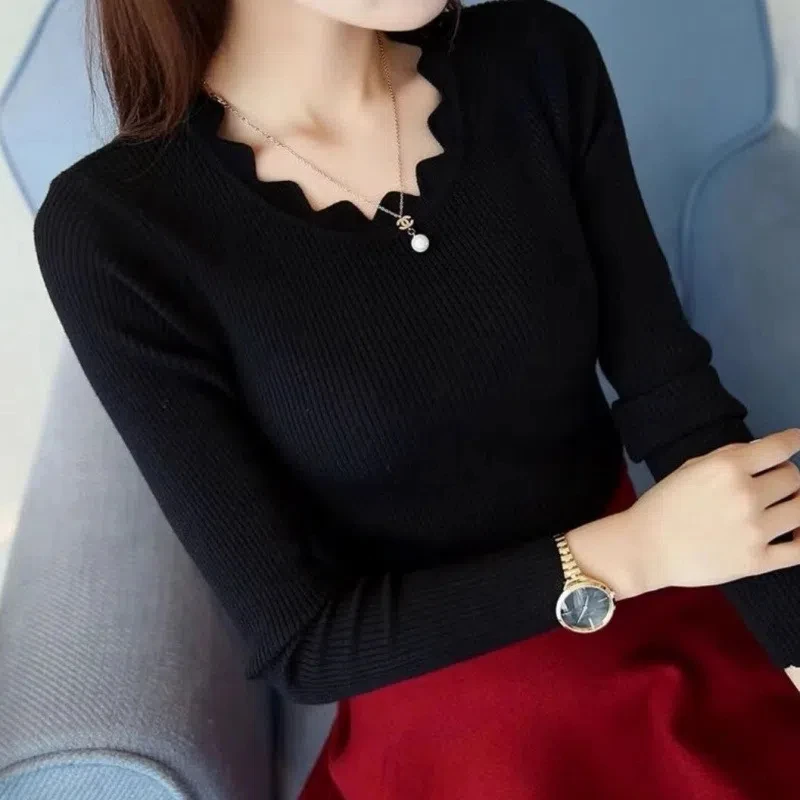 New Sweater Women's Autumn and Winter Long Sleeved Ruffle Collar Lady's Short Knitted Pullover Base Shirt Women 7167