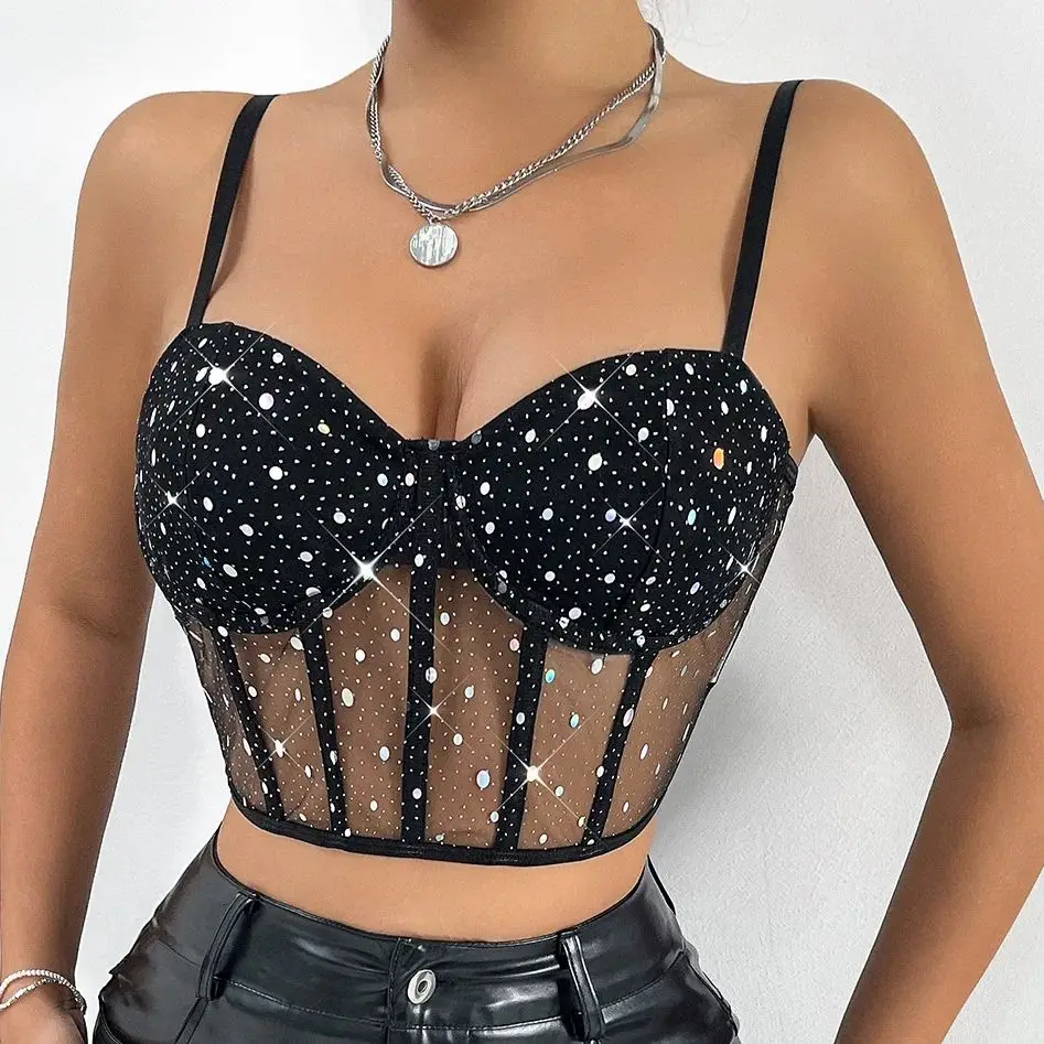 

Nightclub Sequin Corset Bustier Tops for Women Sexy Camisole See-through Sleeveless Halter Tank Top Slim Hot Sale Lingerie Vest