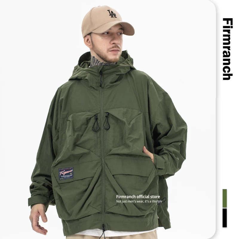 

Firmranch Men Waterproof Windbreaker Mauntaineering Jakcet Streetwear Large Multi-pockets Cargo Functional Zip Up Outerwear