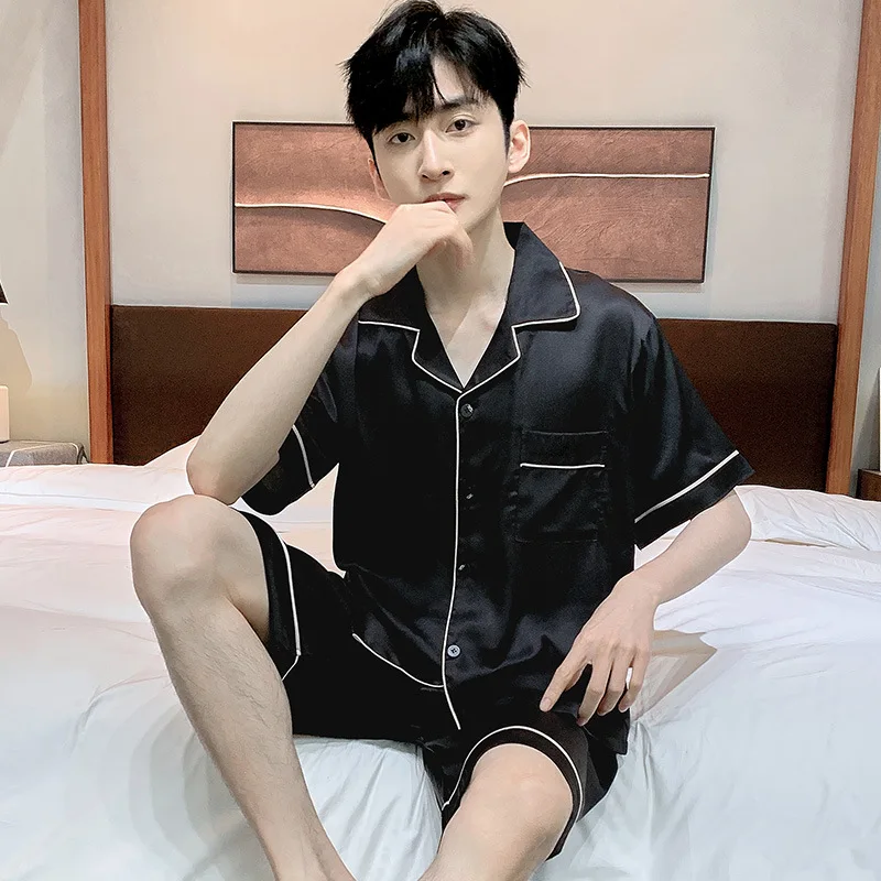 Men's Summer Thin Ice Silk Pajamas Lapel Short Sleeve Shorts Casual Home Clothing Set Comfortable Breathable Sleepwear