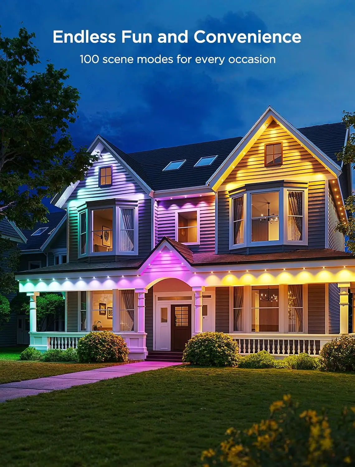 Permanent Outdoor Lights 2, 100ft RGBIC Outdoor Lights with 72 LED Lights, IP67 Waterproof, 100 Scene Modes with 40lm White