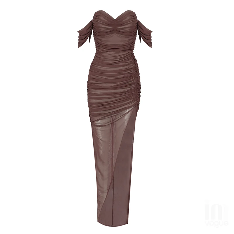 New Women Summer Bandage Dress 2022 Sexy Off Shoulder Mesh Ruched Brown Black Maxi Long Bodycon Elegant Evening Party Dress