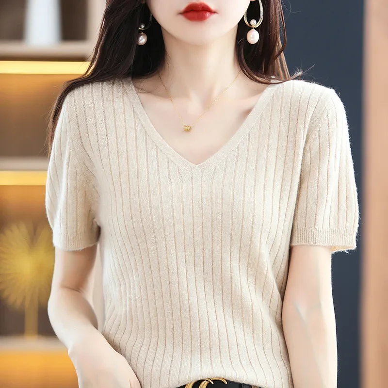 

Fashion Solid Color Soft Rib Knitwear Women Casual V Neck Short Sleeve Slim Knitted Sweater Pullover Ladies Basic Tops