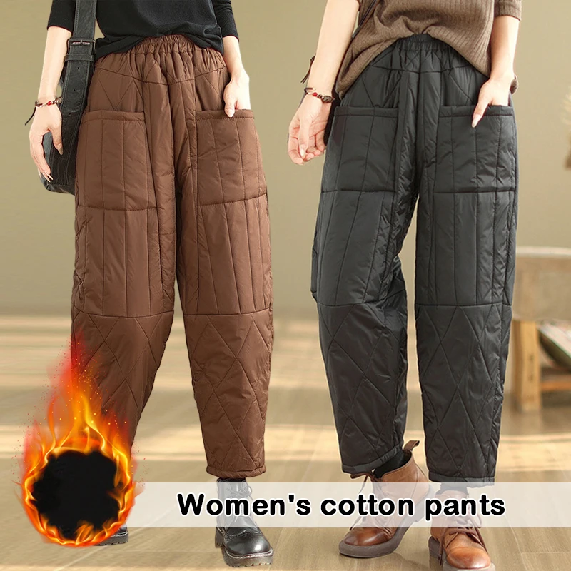 Women Winter Thick Cotton Velvet Padded Trousers Wide Leg Pants Women Warm Casual Pantalones Vintage High Waist Loose Sweatpants