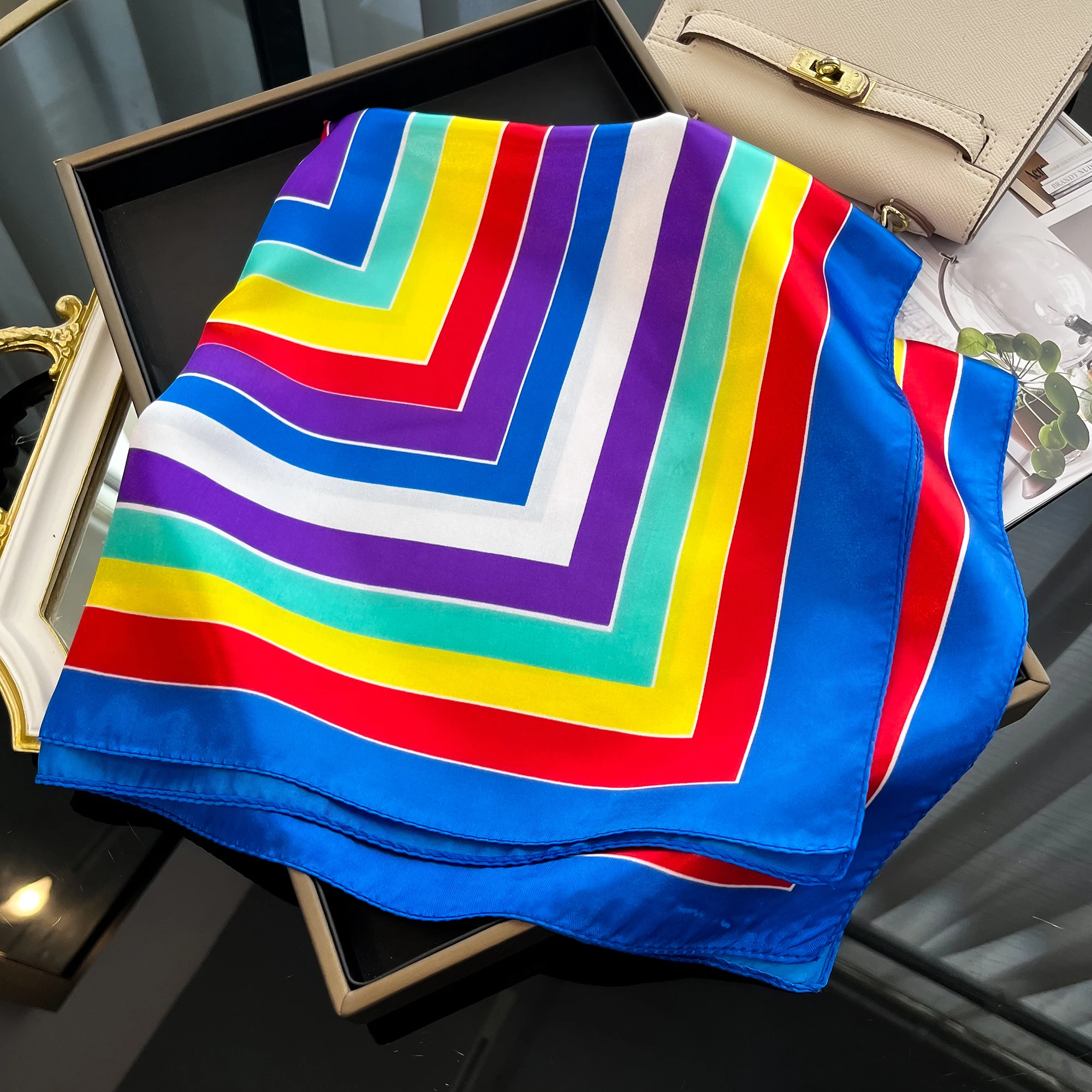 Luxury 2024 Square Silk Scarf for Women Hijab Hair Bands Neckerchief Female Satin Shawl Ribbon Headband Fashion Wraps Bandana 6