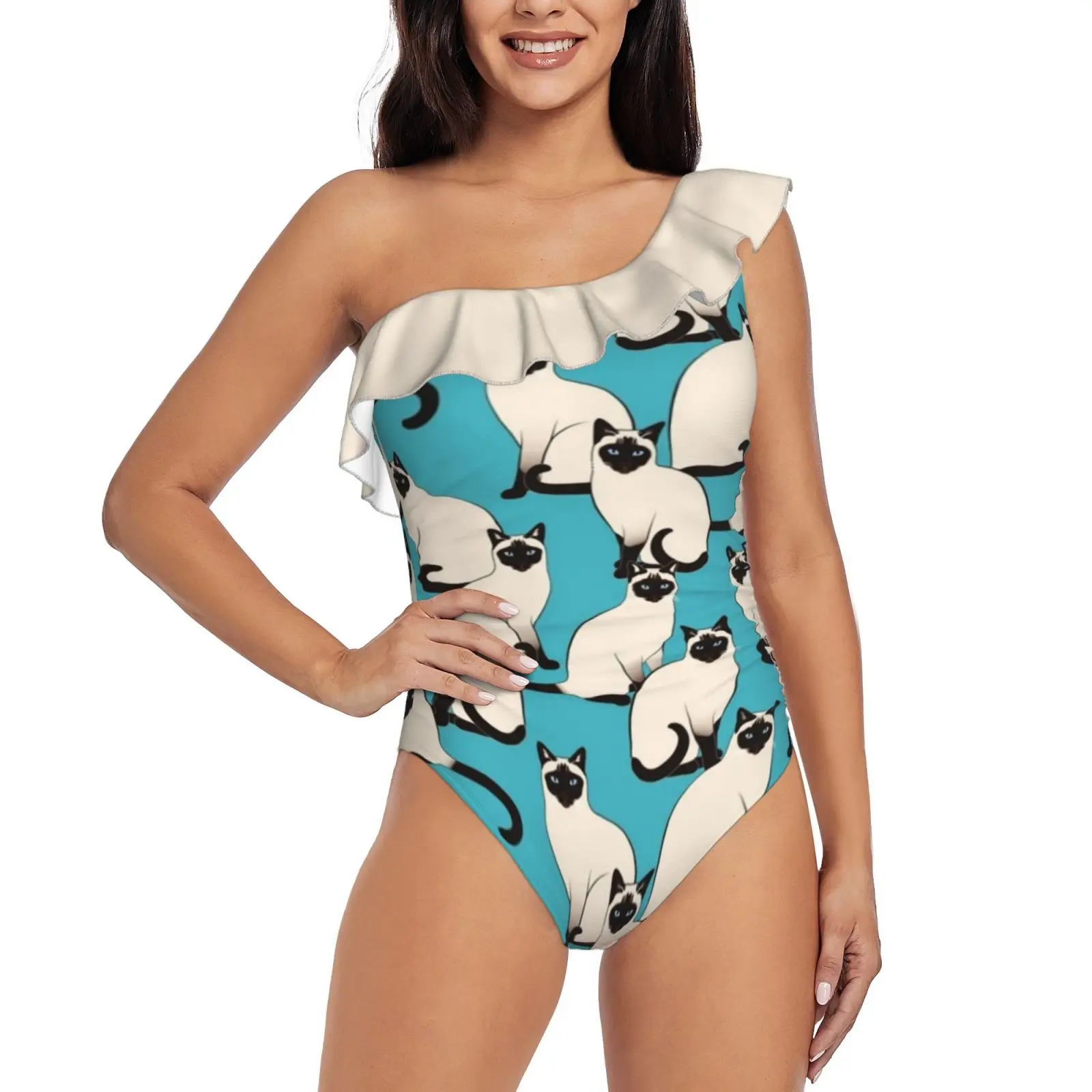 Siamese Cats Dense On Turquoise One-Piece Swimsuit Women Ruffle Bathing Suits New Girl Beach Swimwear Pattern Turquoise Siamese