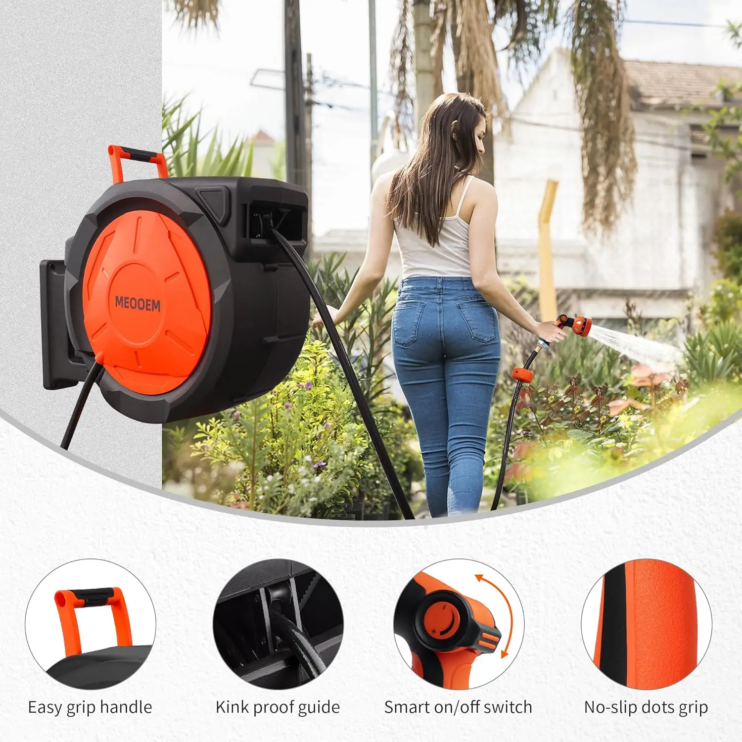 1/2 Inch 150FT Retractable Garden Hose Reel Wall Mounted Heavy Duty, 10 Pattern Nozzle & 180°Swivel Bracket, Automatic Rewind