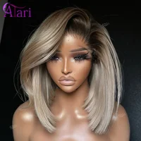 Perruque Bob courte Blonde cendrée avec racines brunes, cheveux naturels lisses, Transparent, 13x4, pre-plucked, pour femmes 1