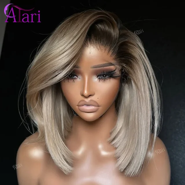 Perruque Bob courte Blonde cendrée avec racines brunes, cheveux naturels lisses, Transparent, 13x4, pre-plucked, pour femmes 1