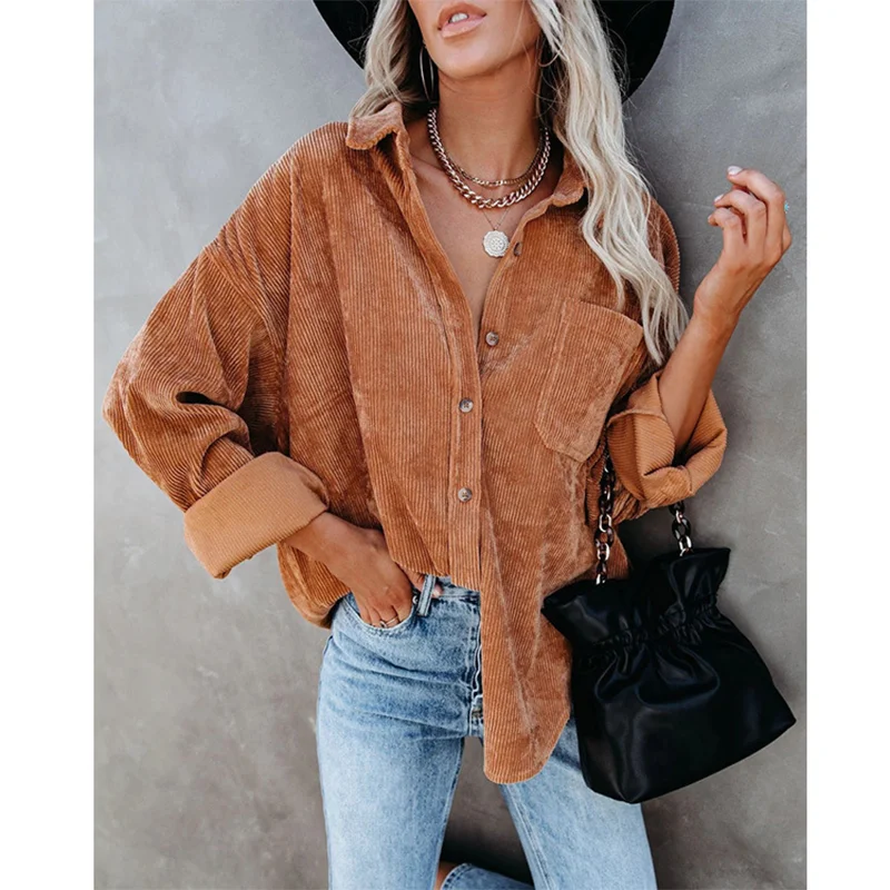 2023 Autumn/Winter Women's Shirt Solid Lapel Pit Stripe Casual Coat Women 3