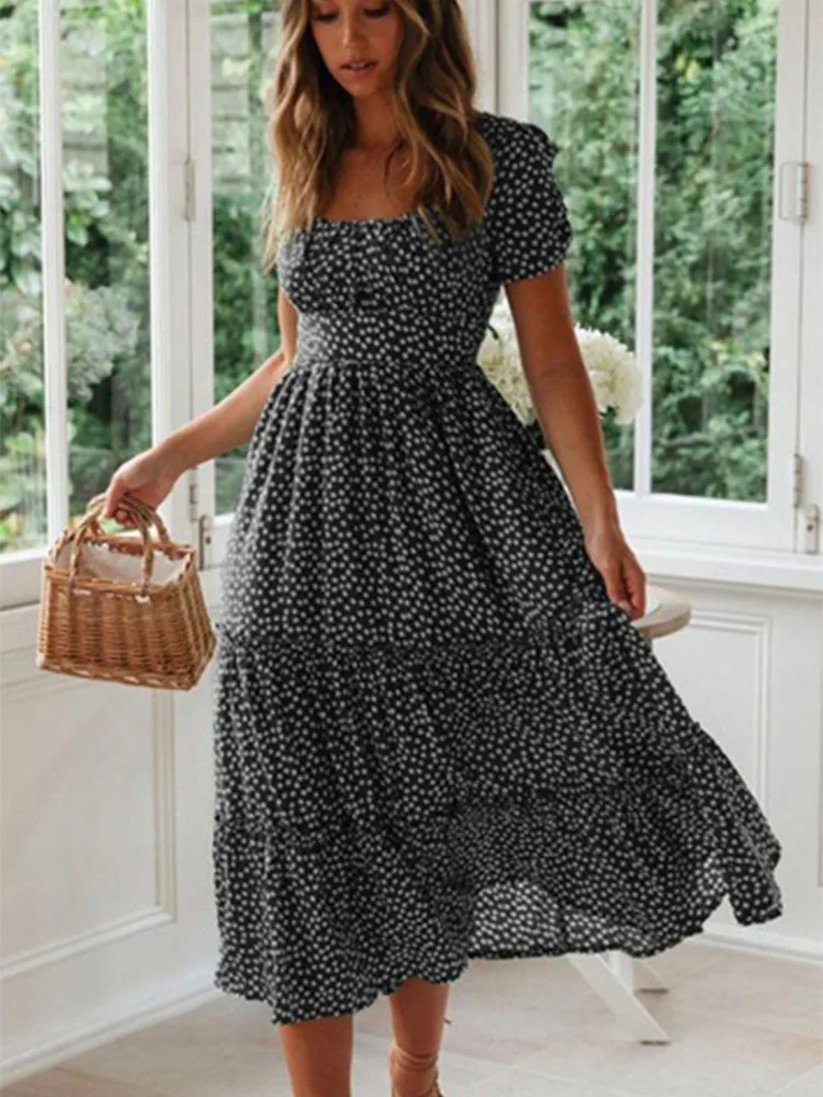 Vestidos 빈티지 프린트 퍼프 슬리브, 스퀘어 칼라 플로럴 맥시 롱 원피스, 여름 해변 스위트 드레스, 2024 페스타