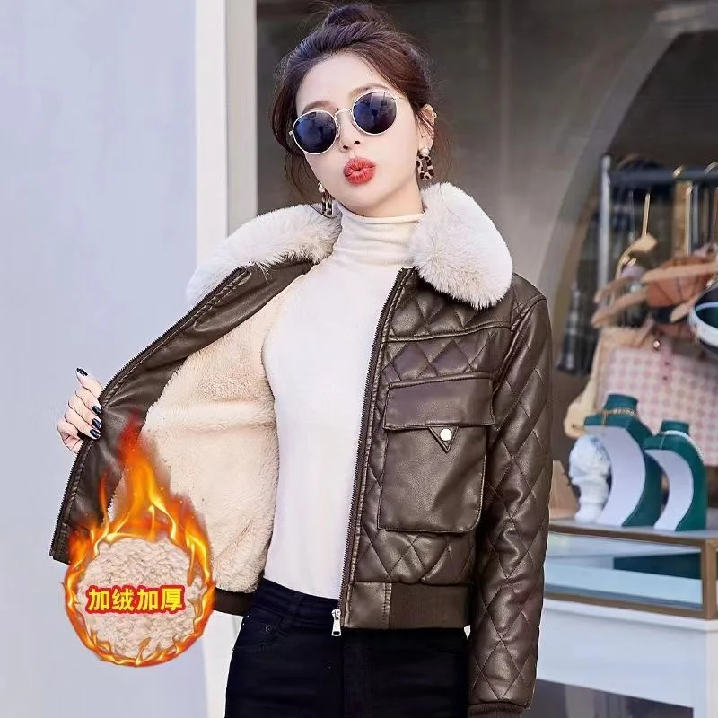 Fur Collar Thick Leather Jacket With Velvet Leather Jackets Women's Short Winter New Fashionable Motorcycle Cotton Fur Outwear