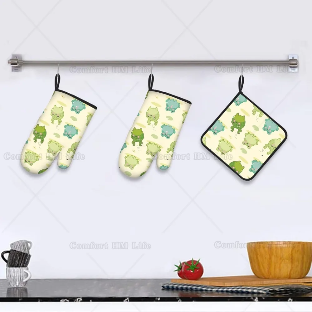 Frog Oven Mitts and Pot Holders Sets 3Pcs Heat Resistant Non-Slip Pure Cotton Microwave Ovens for Baking Cooking BBQ Grilling