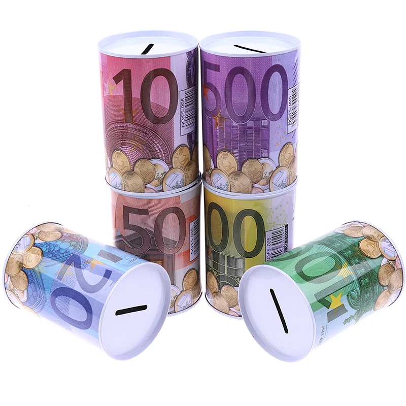 Hucha cilíndrica para monedas y billetes de euro y dólar_voghion.com