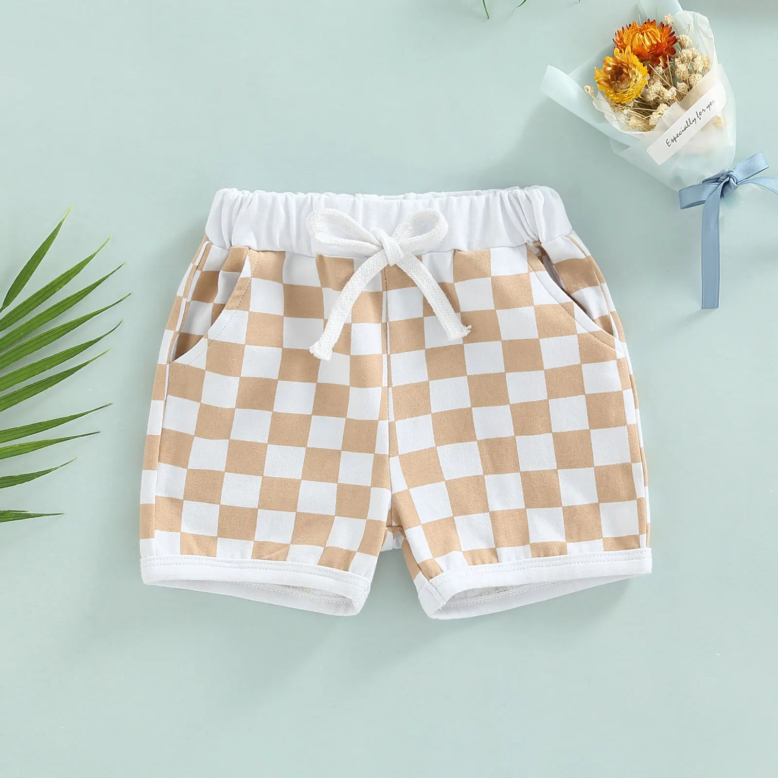 Summer Toddler Baby Boys Shorts Checkerboard Print Elastic Waist Drawstring Short Pants Clothing 0-3T