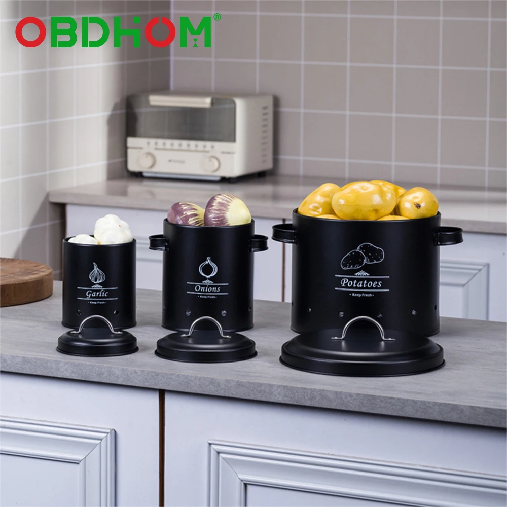 

3pcs Kitchen Freshness Bucket Fresh Garlic Onion and Potato Storage Box Fruit Pot Food Metal Storage Canister Box with 1 Scraper