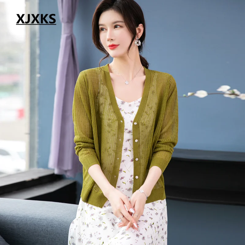 

XJXKS 2023 Summer Autumn New Ice Linen Knitted Cardigan Women's Sweater Coat Temperament Sun Protection Single-breasted Jacket