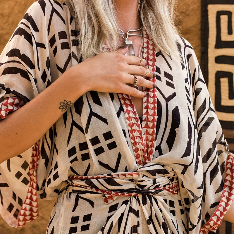 Beach Cover Ups for Swimwear Women Swimsuit Cape Geometric Printed Long Sleeve Self Belted Wrap Dresses Tunic Bathing Suit Sales