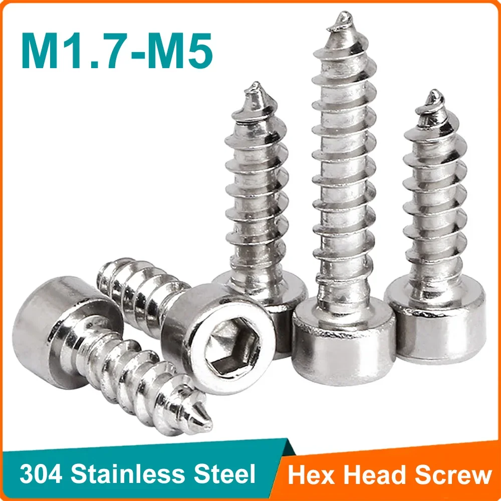 304 Stainless Steel M2 M2.6 M3 M3.5 M4 M5 Hex Hexagon Socket Cap Head Self Tapping Screw Allen Head Screw 20-200pcs
