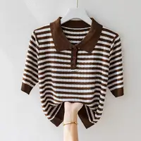 Ice Silk Mid-sleeved Women's Sweater Summer Short Striped Lapel Fashionable High-end Shirt Polo Shirt T-shirt Top - Image 3