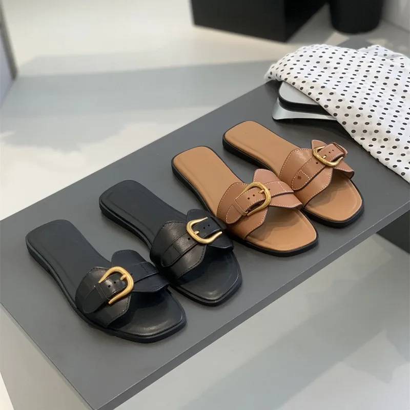 Women sandals Black Flat Slingback Summer Straps Round Toe Metal Buckle