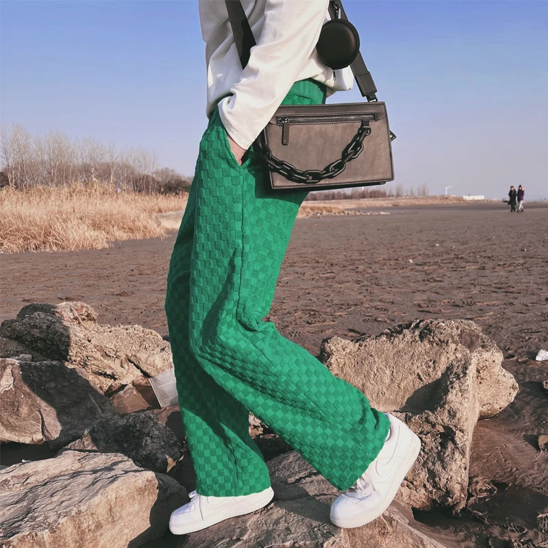 

2022 Spring New Mens Checkerboard Wide Leg Pants Green Casual Loose Mop Wide Leg Trousers Korean Fashion Boyfriend Style Young