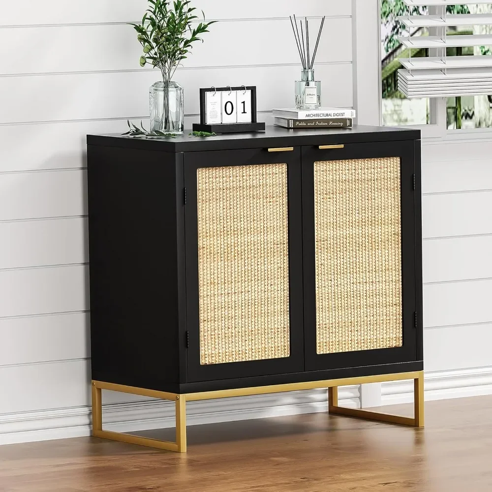 Rattan Sideboard Buffet Kitchen Storage Cabinet 2 Doors, Modern Black Accent Cabinet Kitchen Buffet Storage