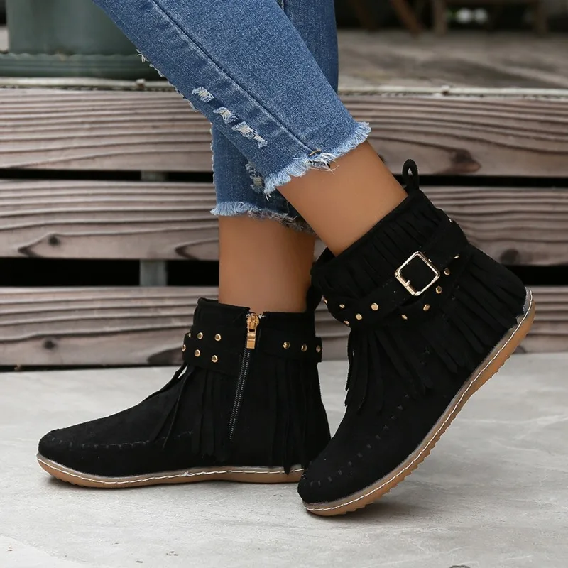 2023 Winter Warm Shoes for Female Side Zip Women's Ankle Boots Flat with Light Women's Shoes Tassel Belt Buckle Ladies Boots