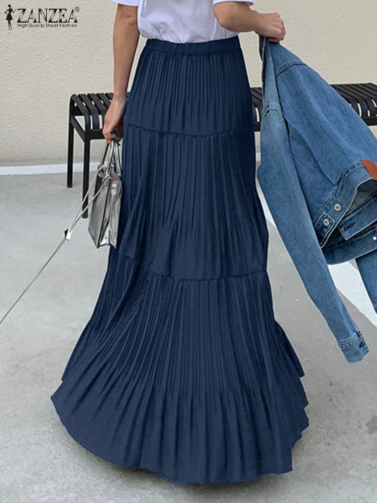 2025 ZANZEA Oversized Summer Maxi Skirts Women Elastic Waist Pleated Long Skirt Casual Solid Color High Waist Ruffled Skirts 2
