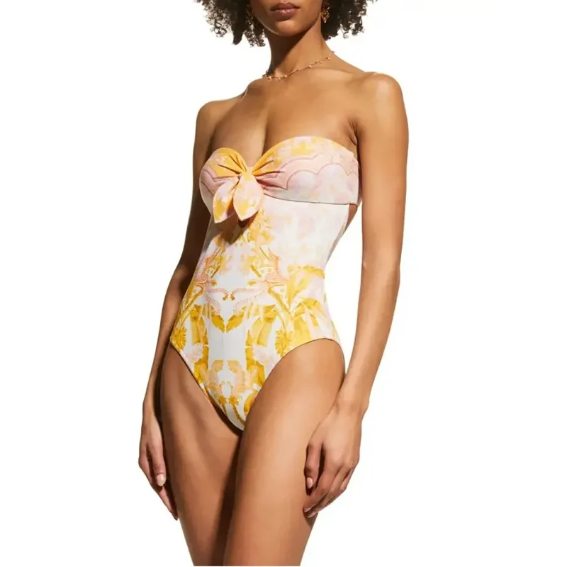 2023 New Strapless Backless Printed One-Piece Swimsuit Set for Women Vintage Bikini Bandeau Swimwear And Cover Up Beachwear