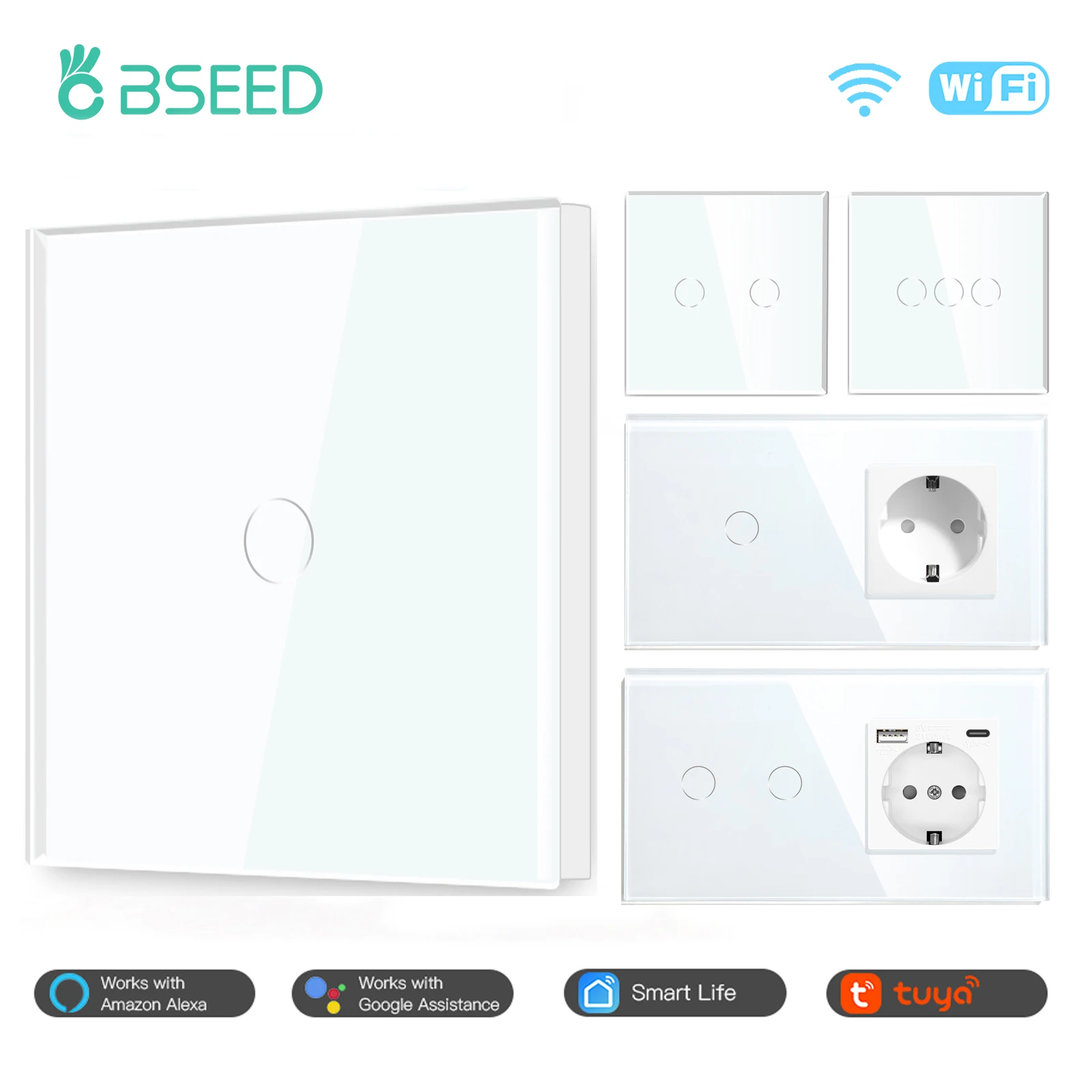 Bseed-eu Interruptor de Parede Wifi Padrão Interruptores de Luz de Toque Inteligente Tomadas de Parede Google Alexa Controle Tuya Gang Gang 3gang Way Way 3way