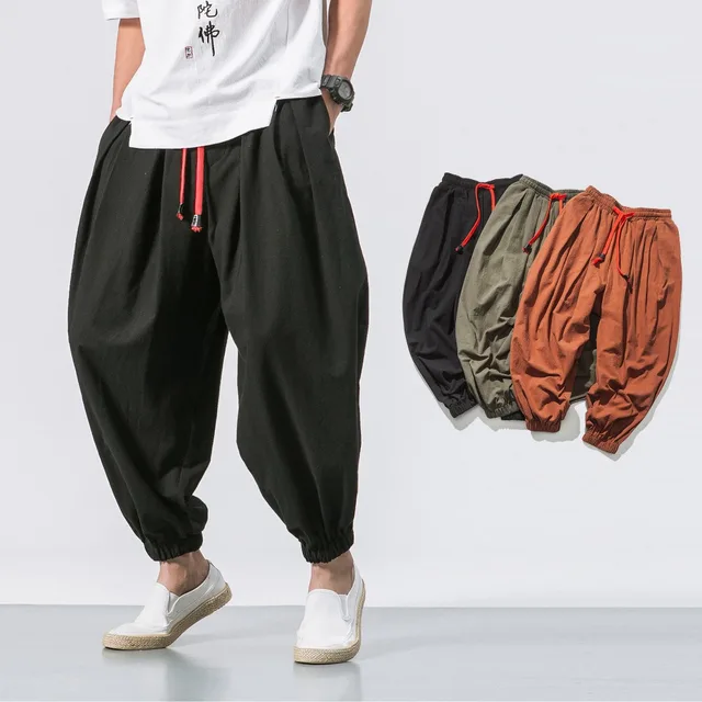 Pantalones bombachos de gran tamaño para hombre, chándal holgado de algodón y lino, estilo chino, informal, de alta calidad, novedad