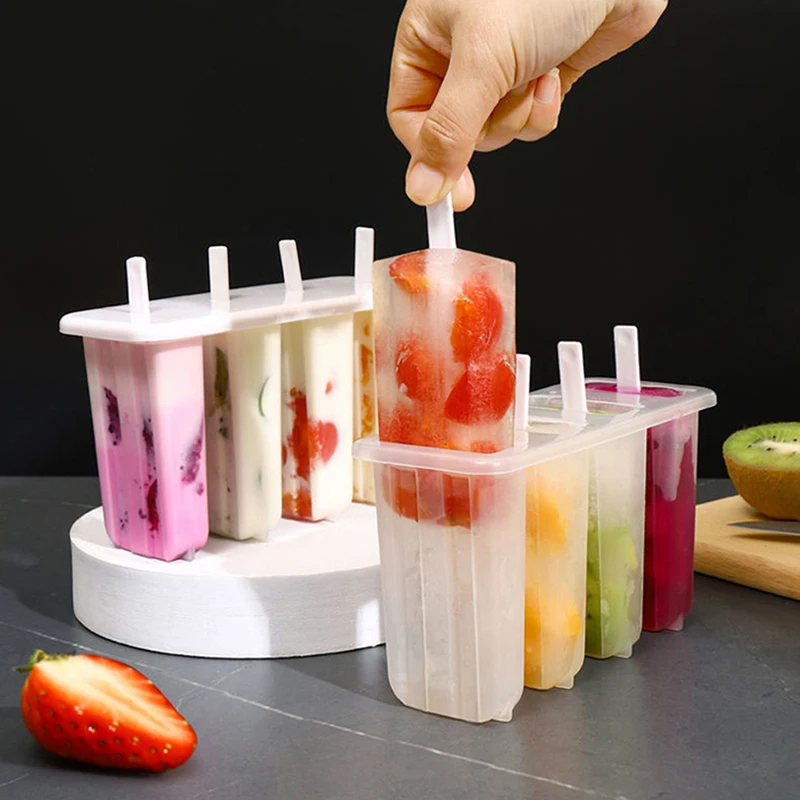 Ice Cream Mold 4 Ice Popsicle Mold Set Maker Tray DIY Reusable with Sticks and Lid Creative Kitchen Tool Summer