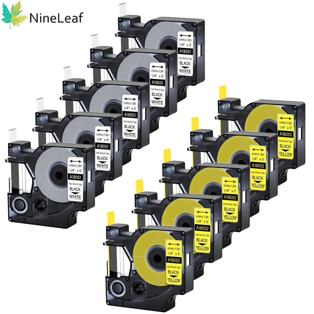 Nineleaf-heat Shrink Tube Tape para Etiqueta Dymo Rhino Preto em Branco e Amarelo 5pk Mm24 mm 18051 18052 18053 18054 18055 18056