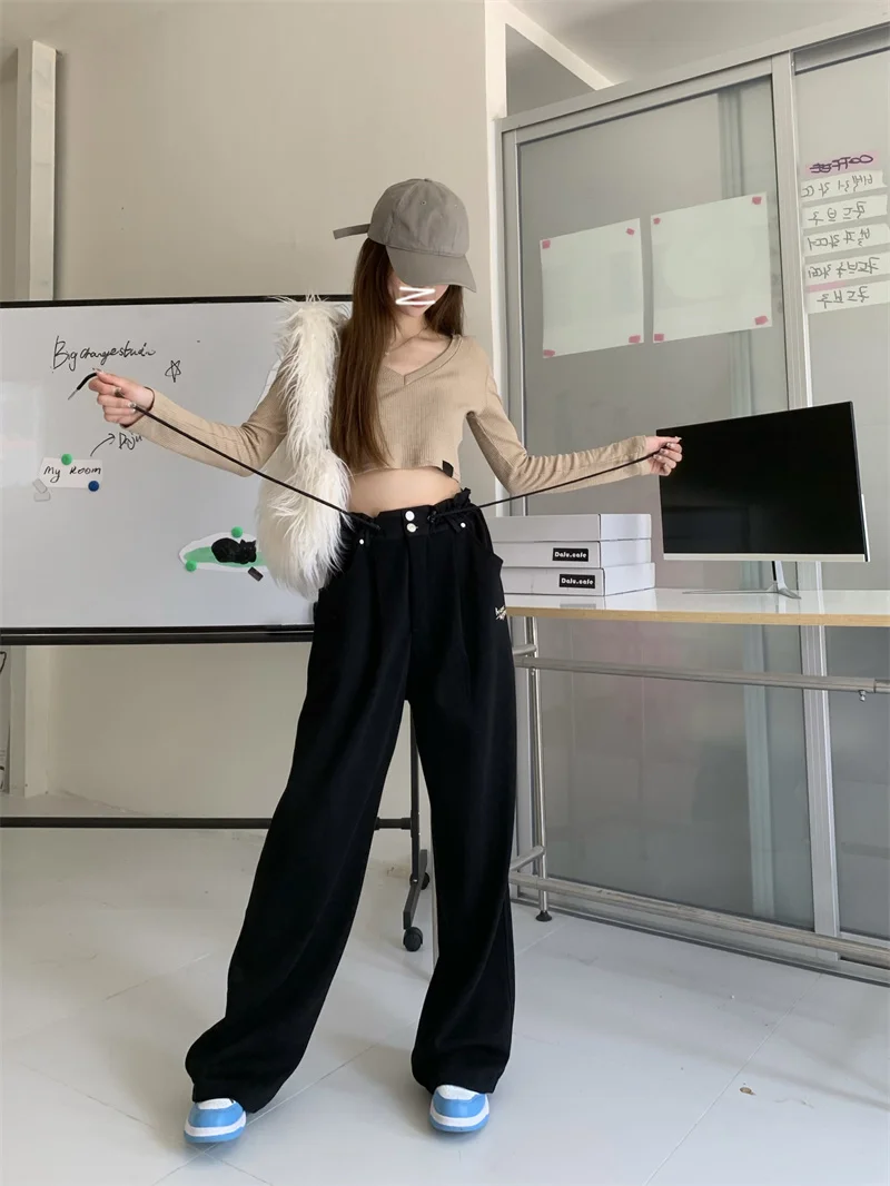 Black Casual Sports Wide Leg Pants Women's Spring And Autumn Versatile Sanitary Pants High Waist Loose Straight Leg Trousers