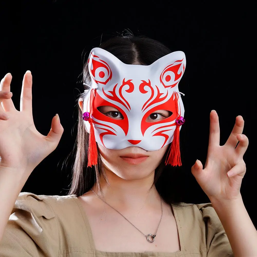 

Japanese Mask Half Face Hand-Painted Cat Anime Halloween Festival Makeup Dance Mask Party Costumes Cosplay Props