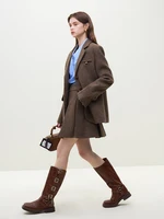 FSLE Retro Classic Style 100% Wool Suit Jacket for Women 2023 Niche Design Winter Commuter Brown Woolen Sets Female 2