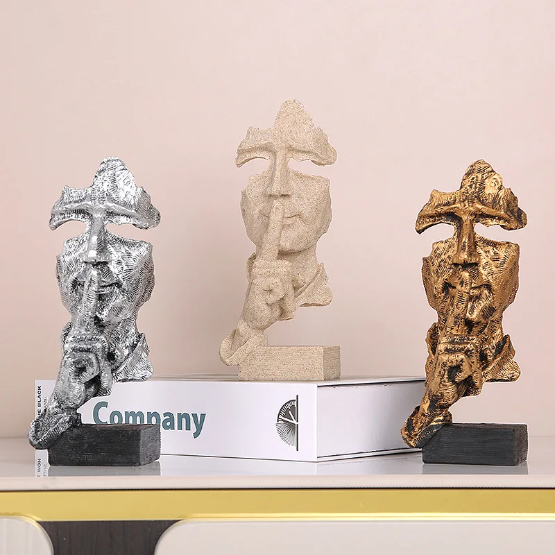 

Nordic Creative Abstract Sculpture Retro Silence Is Gold Resin Figurine Ornaments Modern Art Office Home Decoration Craft Gifts
