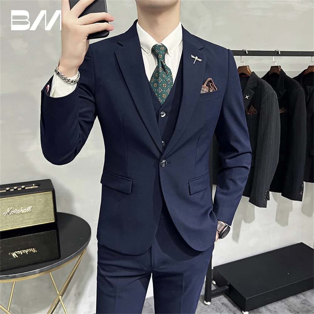 One Button Men's Suit Set 3 Piece Jacket Vest Pants Solid Grey Black Business Men Tuxedo Groom Suits For Wedding Plus Size