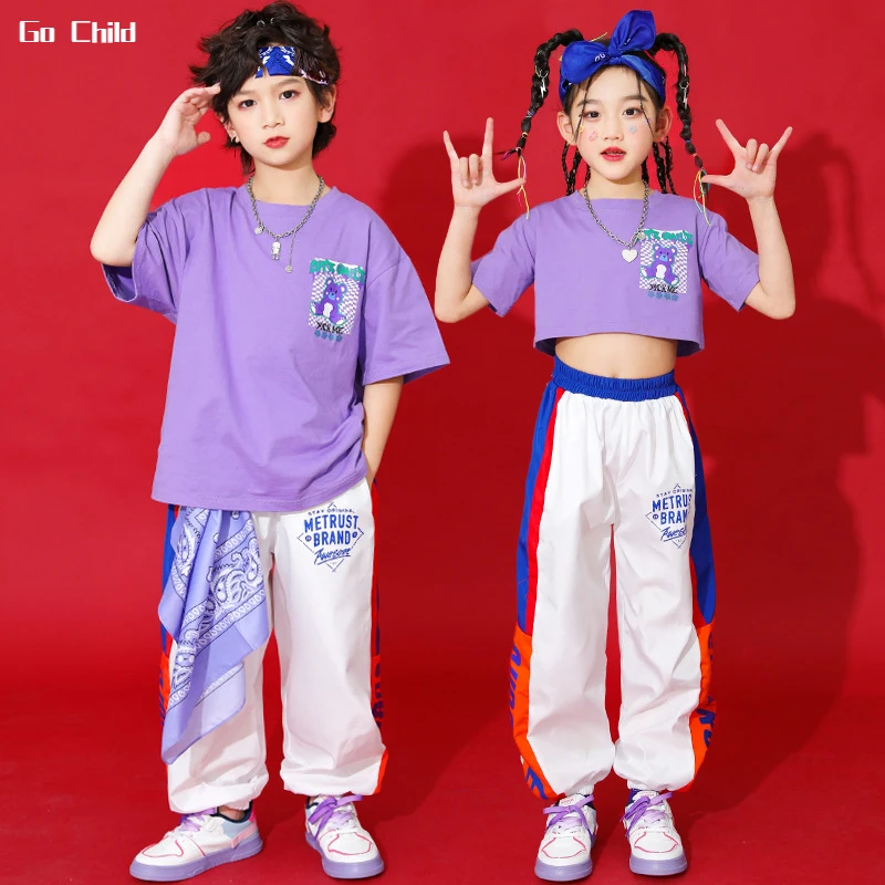 Hip Hop Boys Purple T-shirt Street Dance Sport Pants Girls