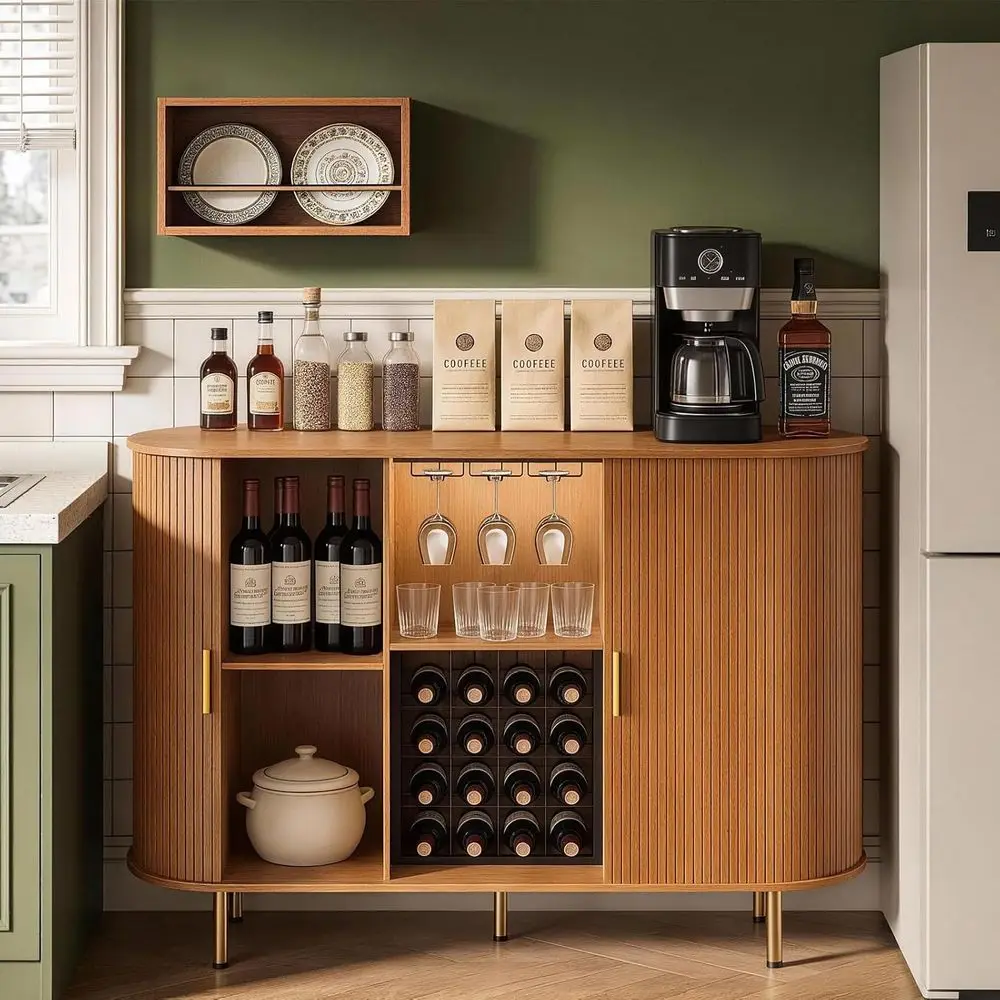 55 Wine Bar Cabinet with Storage, Fluted Liquor & Coffee Bar Cabinet with Wine Rack and Glass Holder, et Sideboard LED