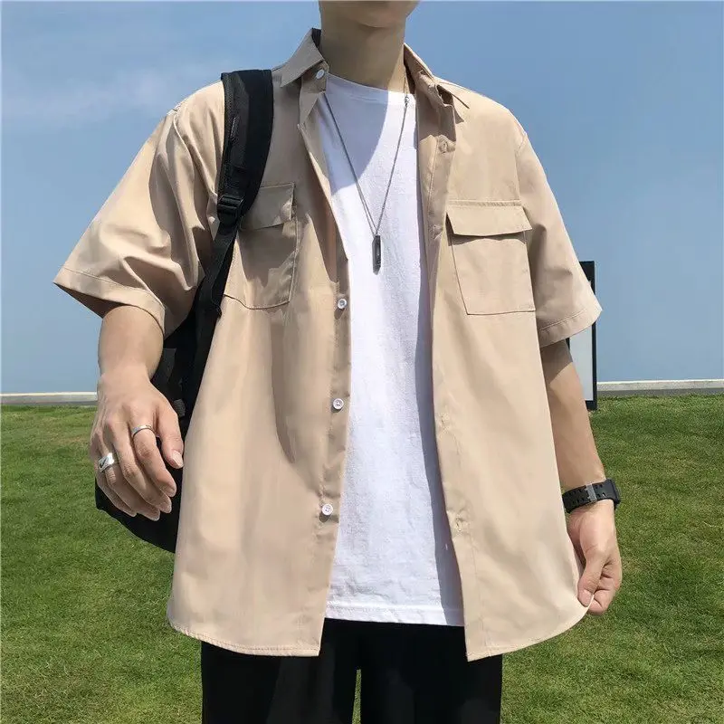 Men's Korean Solid Color Loose Youth Blouse Summer New Polo Neck Half Sleeve Thin Trend Shirt Tops Fashion Casual Men Clothing