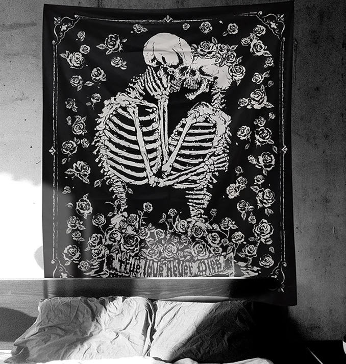 

Gothic vintage skeleton dark background cloth romantic thorns Halloween punk rock tattoo hanging cloth
