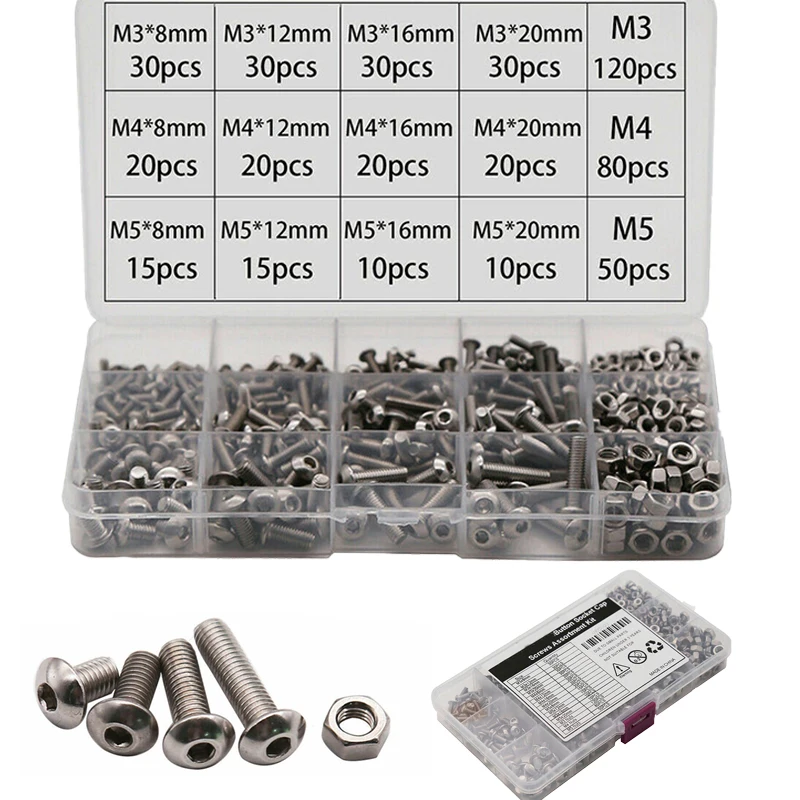 Hex Botão Soquete Cabeça Tampa Parafuso Porca de Hexágono Lente Cabeça Parafusos Porcas Variedade Conjunto Aço Inoxidável 500 Peças m3 m4 m5