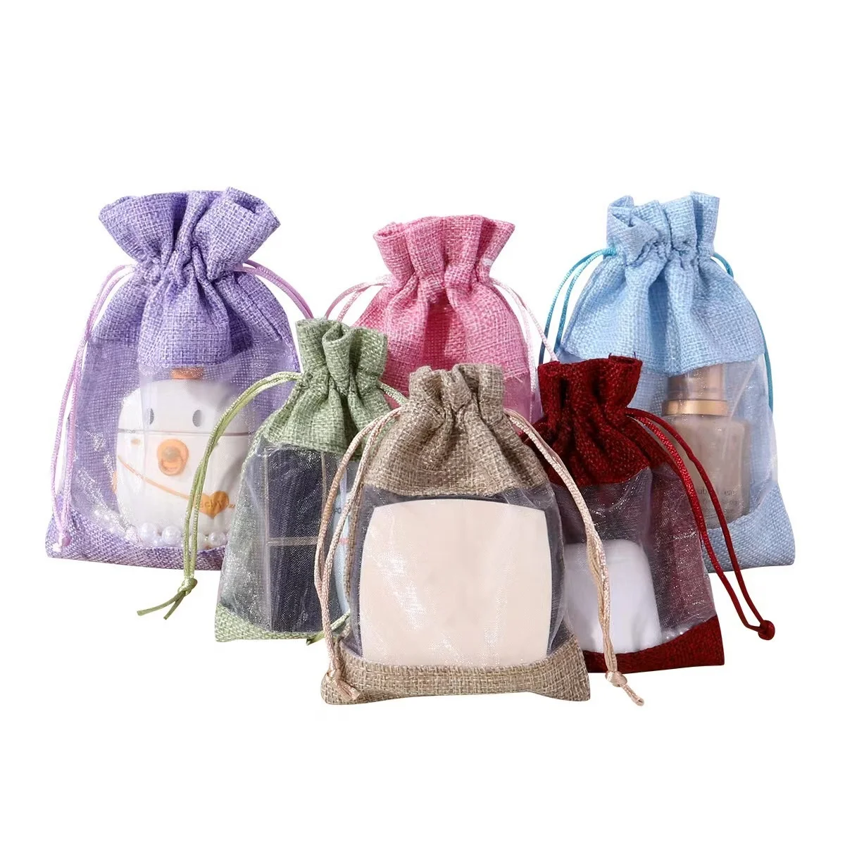 10*14cm Windowed Burlap Bags With Drawstring Rolled Edges Gift Bags Jewelry Packaging Display Candy Storage