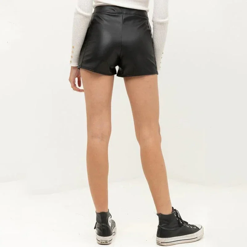 Vintage High Waist Faux Leather Shorts Women Casual PU Hot Pants With Pockets Ladies Stretchy Summer Shorts Clubwear New Custom