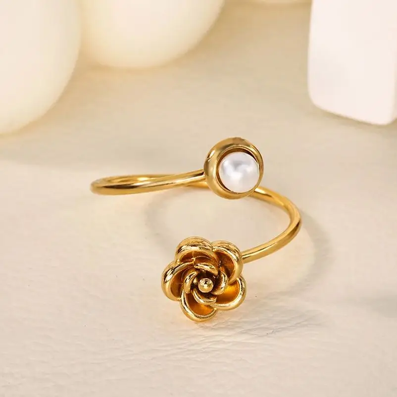 Elegant Pearl Rose Rings Women Gold Stainless Steel Adjustable Aesthetic