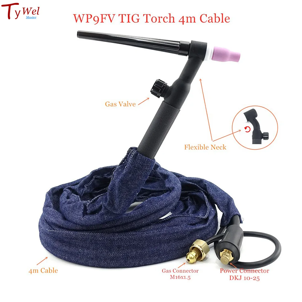 WP9FV TIG Welding Torch 4m 13ft Gas Tungsten Arc Air Cooled Flexible Neck Gas Valve