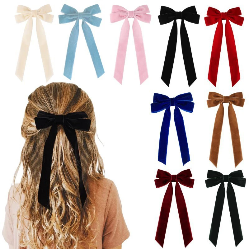 Vintage-Long-Ribbon-Velvet-Bow-Barrettes-Simple-Fashion-Hair-Clip-For ...